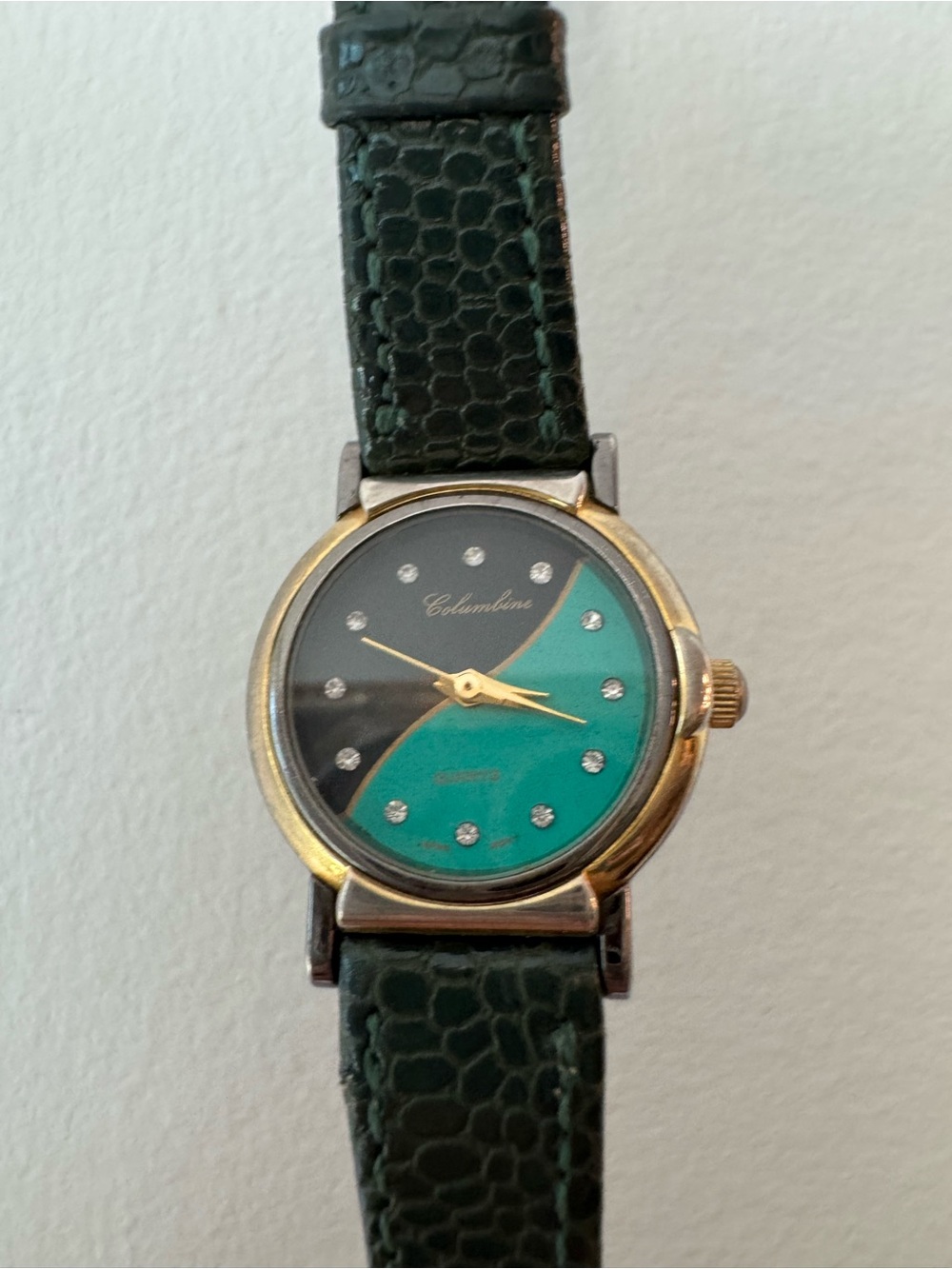 Vintage Columbine Black & Teal Green Two-Tone Quartz Watch Leather Strap